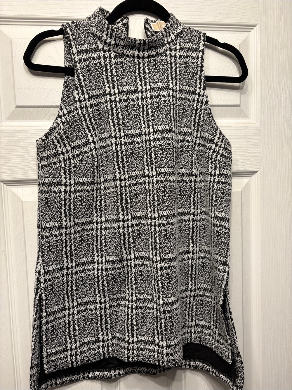 Michael Kors Black and White Plaid Knit Mock-Neck Tank